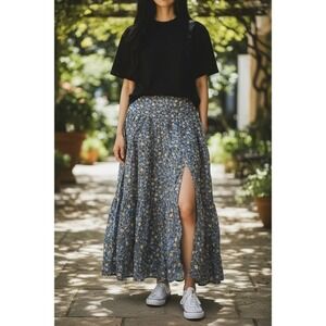 Altar State Floral Maxi Skirt Boho Slit Blue Yellow Size L